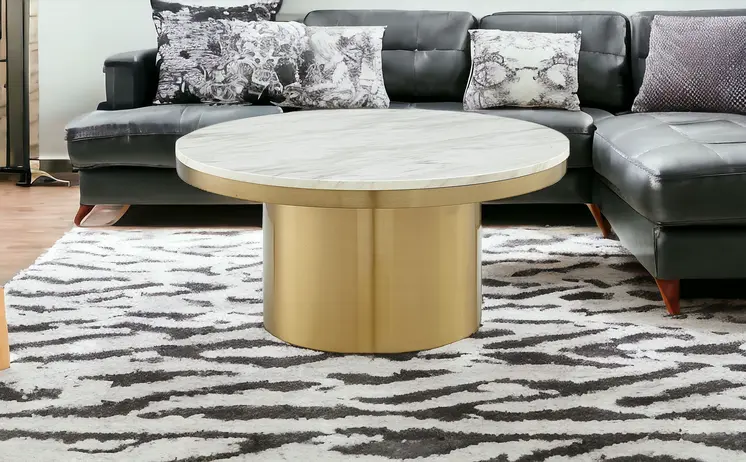 35" White And Gold Genuine Marble And Stainless Steel Round Coffee Table