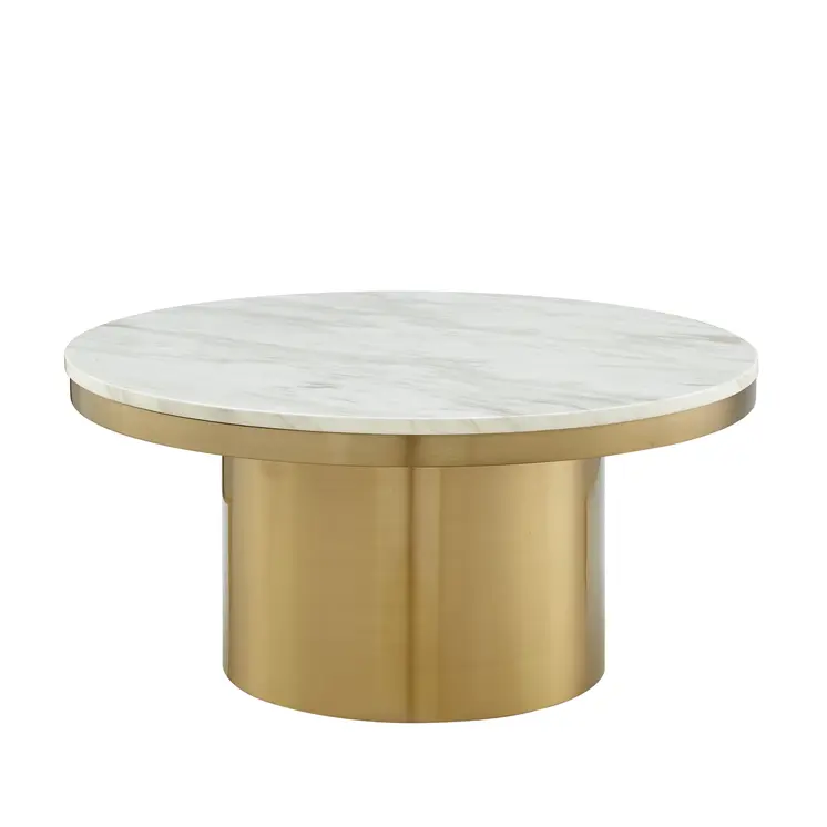 35" White And Gold Genuine Marble And Stainless Steel Round Coffee Table