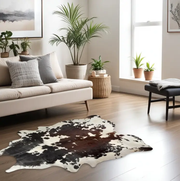 6' X 7' Brown Black and White Cowhide Hand Knotted Area Rug