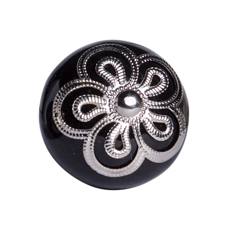 Set of Eight Black And Silver Ceramic And Metal Drawer Pull Knobs