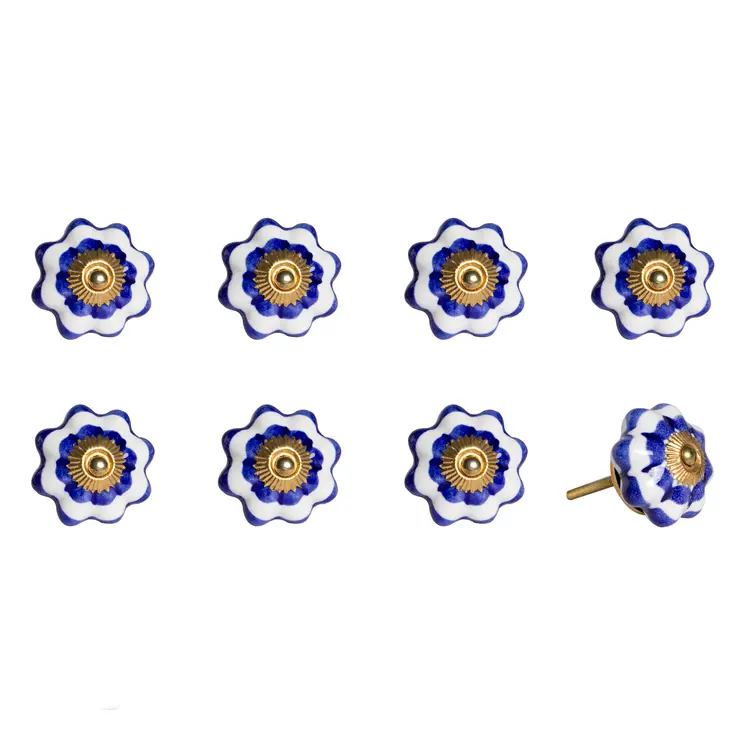 Set of Eight Blue And White Ceramic And Metal Drawer Pull Knobs