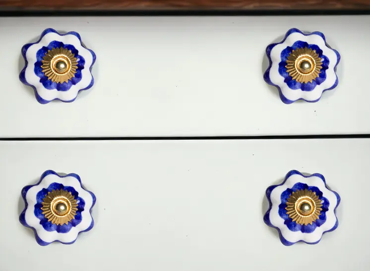 Set of Eight Blue And White Ceramic And Metal Drawer Pull Knobs