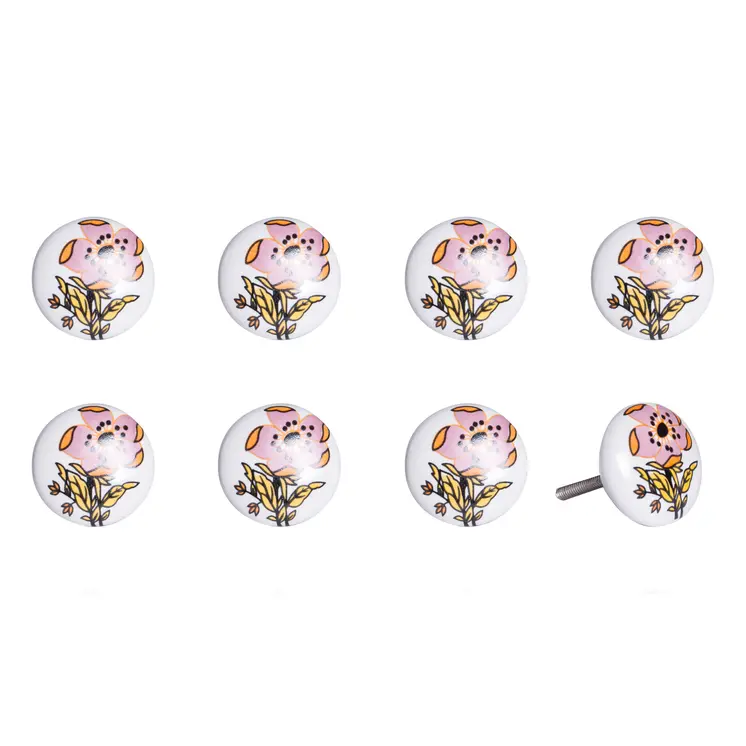 Set of Eight Yellow And White Ceramic And Metal Drawer Pull Knobs
