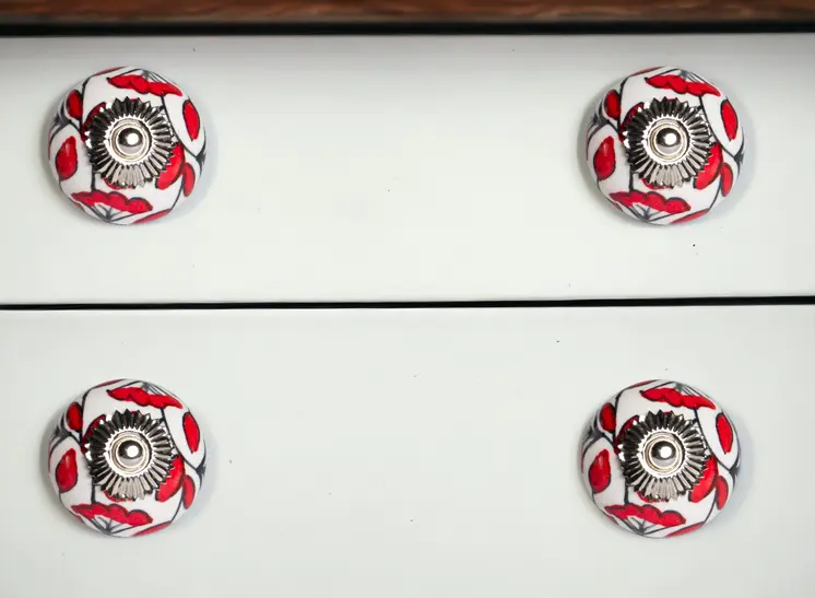Set of Eight White And Red Ceramic And Metal Drawer Pull Knobs