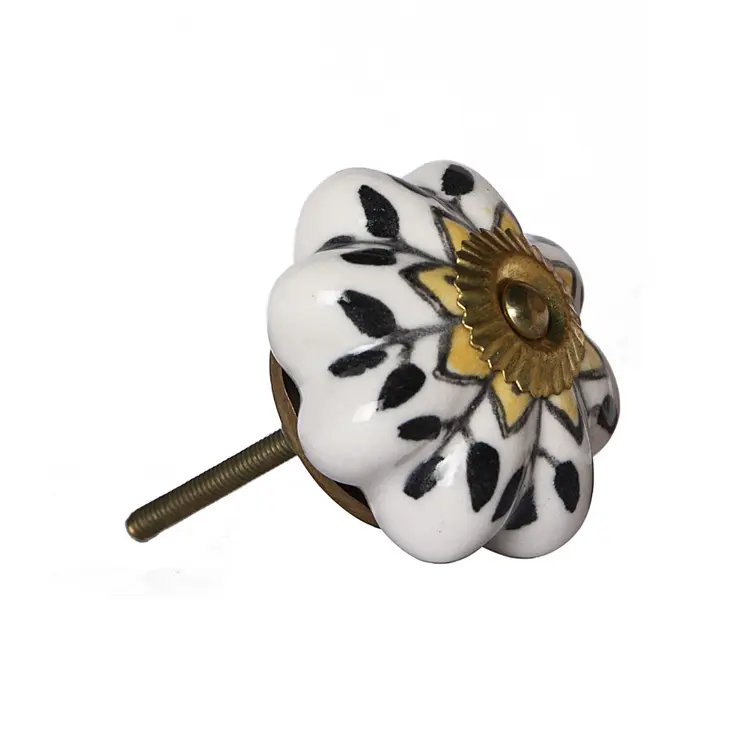Set of Eight Black And Yellow Ceramic And Metal Drawer Pull Knobs