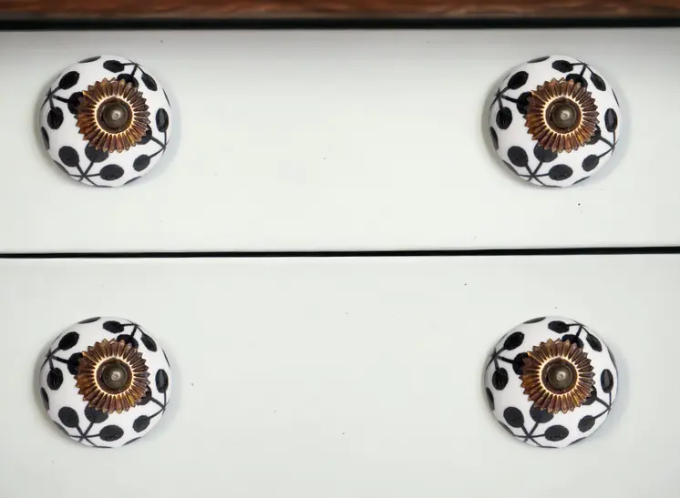 Set of Eight Black And White Ceramic And Metal Drawer Pull Knobs