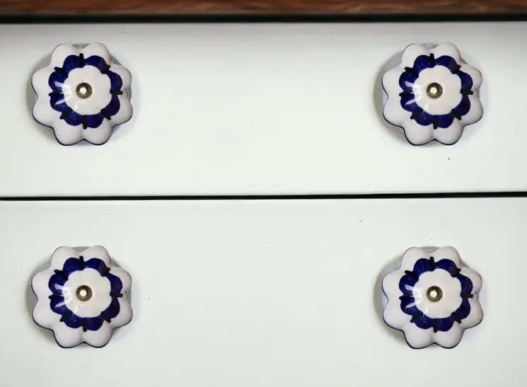Set of Eight Blue And White Ceramic And Metal Drawer Pull Knobs