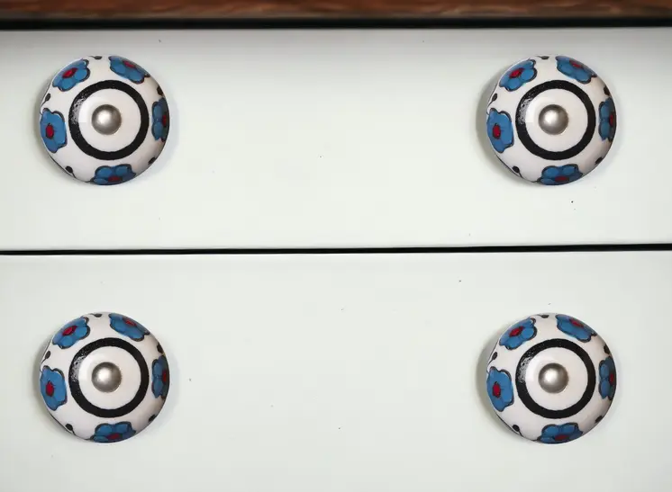 Set of Eight Blue And White Ceramic And Metal Drawer Pull Knobs