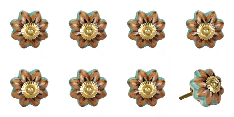 Set of Eight Blue And Red Ceramic And Metal Drawer Pull Knobs