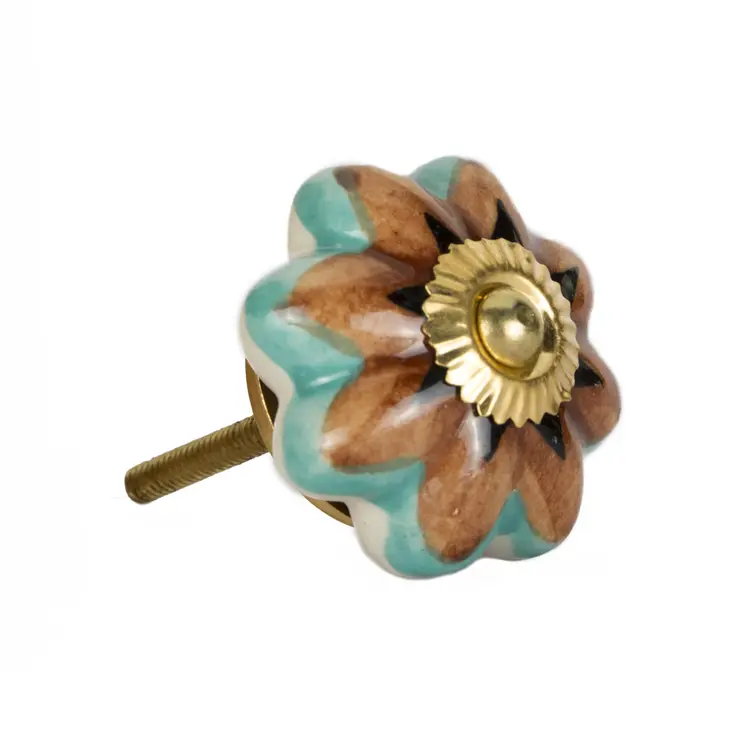 Set of Eight Blue And Red Ceramic And Metal Drawer Pull Knobs