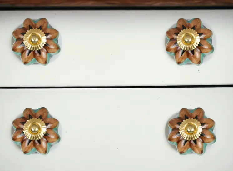 Set of Eight Blue And Red Ceramic And Metal Drawer Pull Knobs