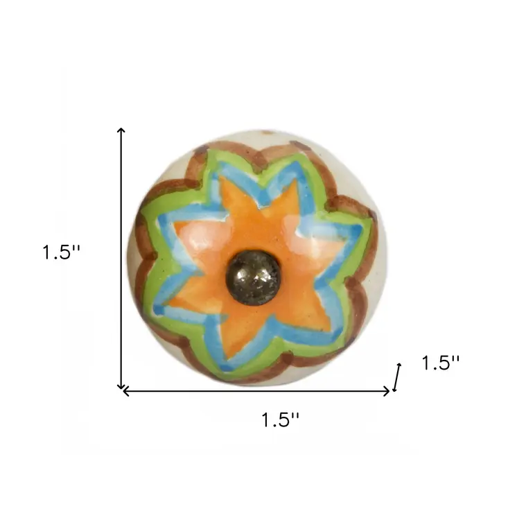 Set of Eight Blue And Orange Ceramic And Metal Drawer Pull Knobs