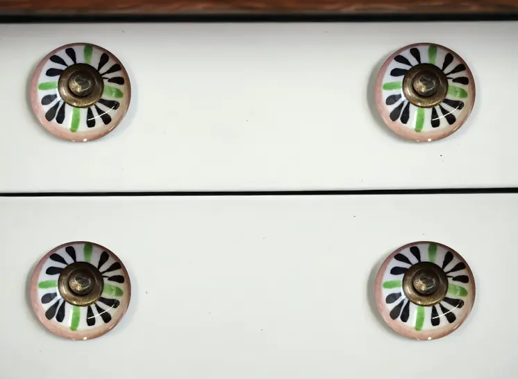 Set of Eight Brown And White Ceramic And Metal Drawer Pull Knobs