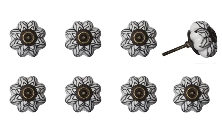 Set of Eight Black And White Ceramic And Metal Drawer Pull Knobs