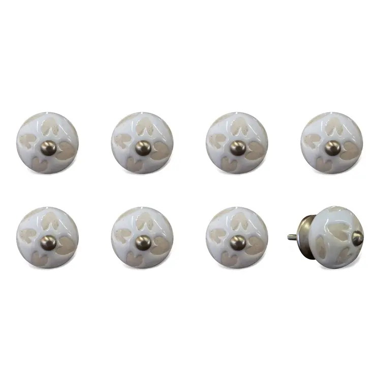 Set of Eight Beige And White Ceramic And Metal Drawer Pull Knobs