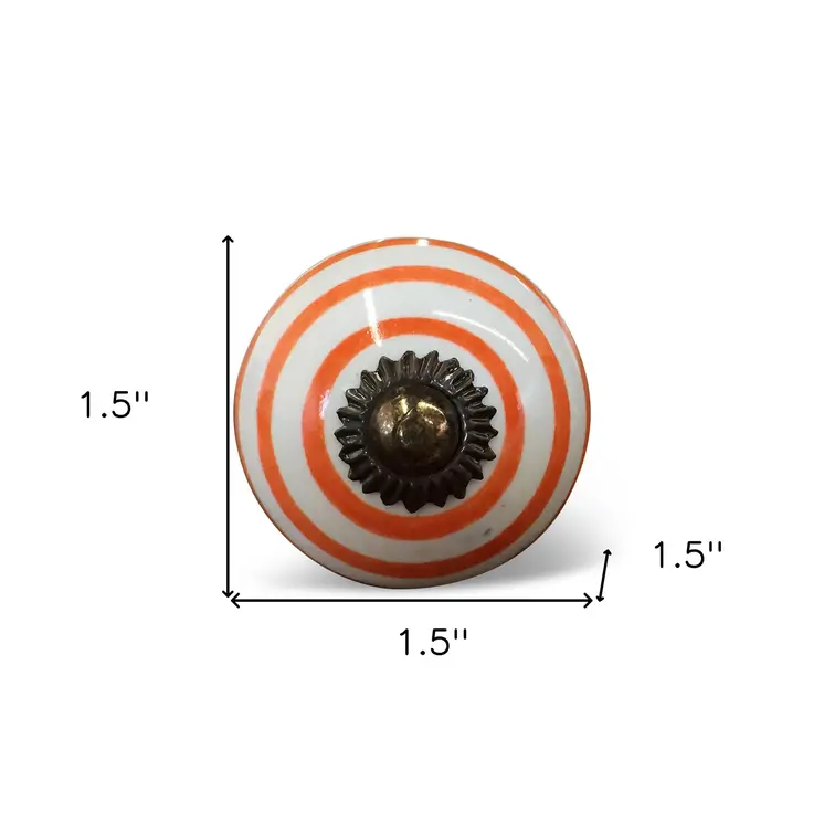 Set of Eight Orange And White Ceramic And Metal Drawer Pull Knobs