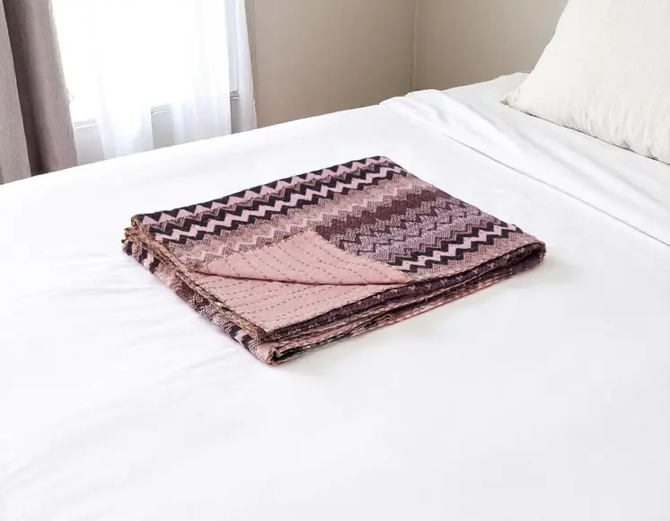 50" X 70" Black And Pink Cotton Kantha Chevron Throw Blanket