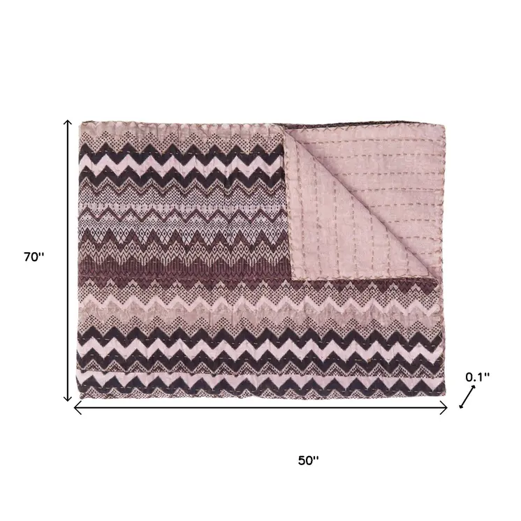 50" X 70" Black And Pink Cotton Kantha Chevron Throw Blanket