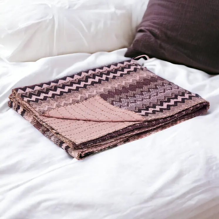 50" X 70" Pink And Black Cotton Quilted Chevron Plush Throw Blanket