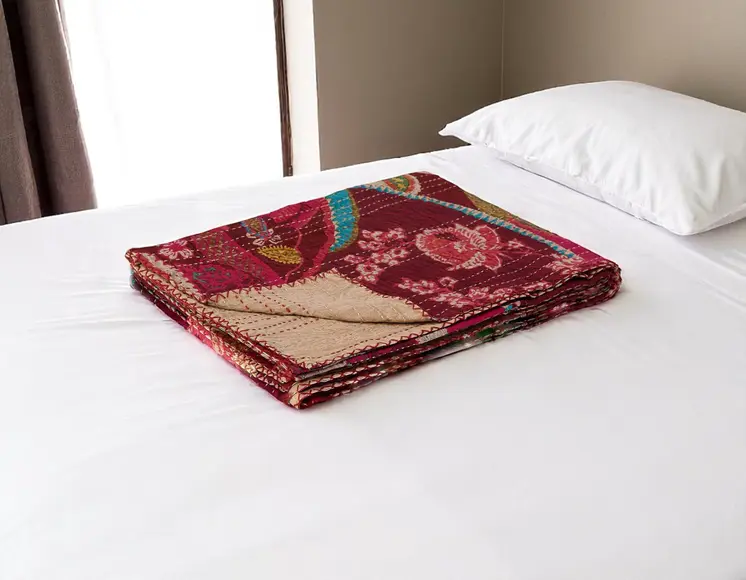 50" X 70" Red Floral Cotton Quilted Kantha Throw Blanket with Embroidery