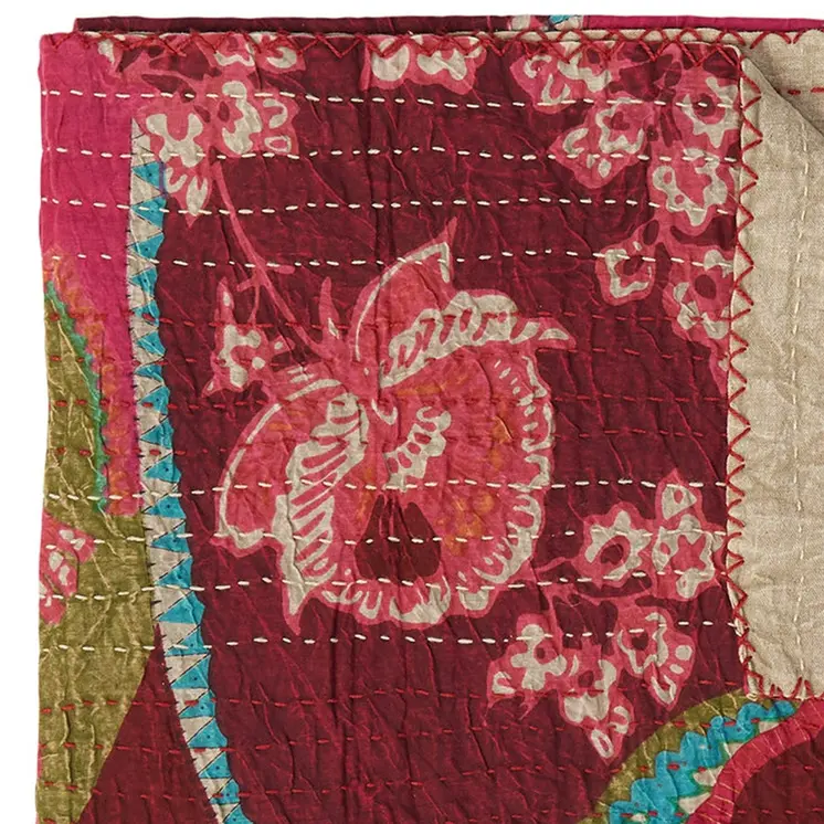 50" X 70" Red Floral Cotton Quilted Kantha Throw Blanket with Embroidery