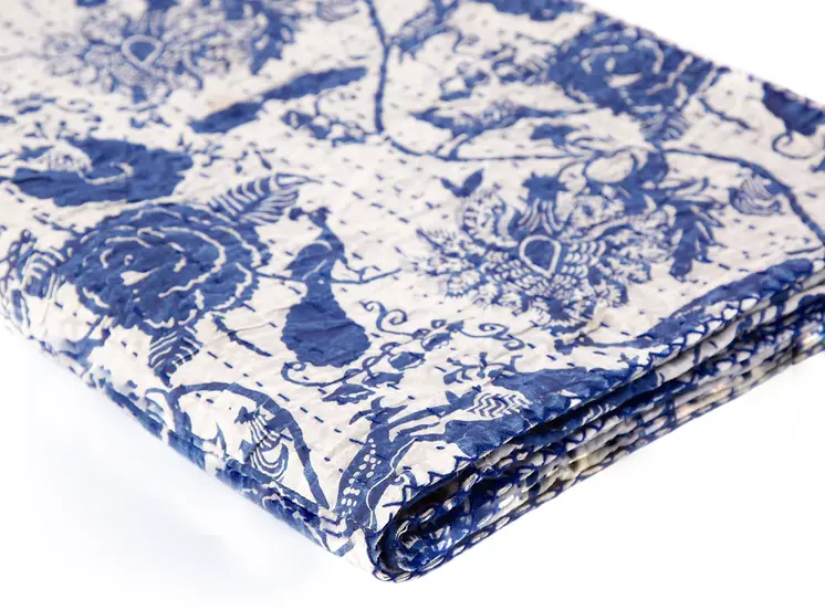 50" X 70" Blue And White Floral Cotton Quilted Kantha Throw Blanket with Embroidery