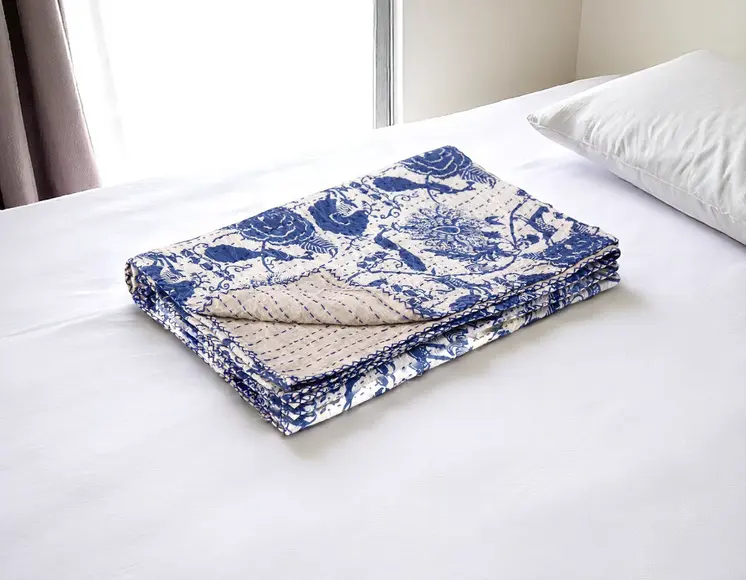 50" X 70" Blue And White Floral Cotton Quilted Kantha Throw Blanket with Embroidery