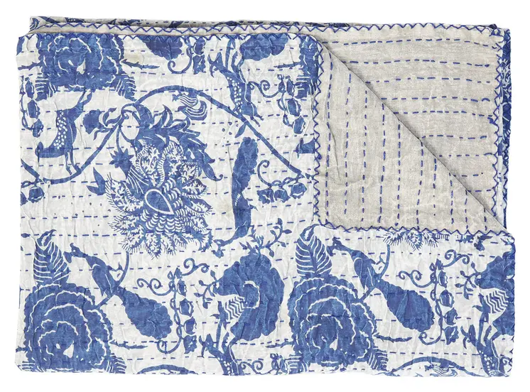 50" X 70" Blue And White Floral Cotton Quilted Kantha Throw Blanket with Embroidery