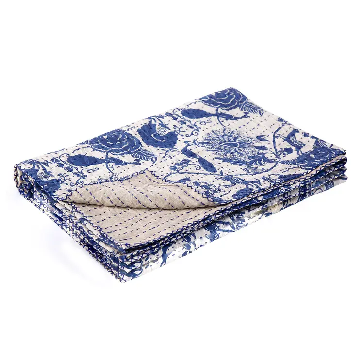 50" X 70" Blue And White Floral Cotton Quilted Kantha Throw Blanket with Embroidery