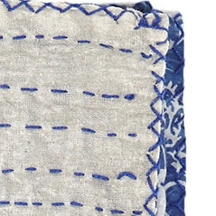 50" X 70" Blue And White Floral Cotton Quilted Kantha Throw Blanket with Embroidery