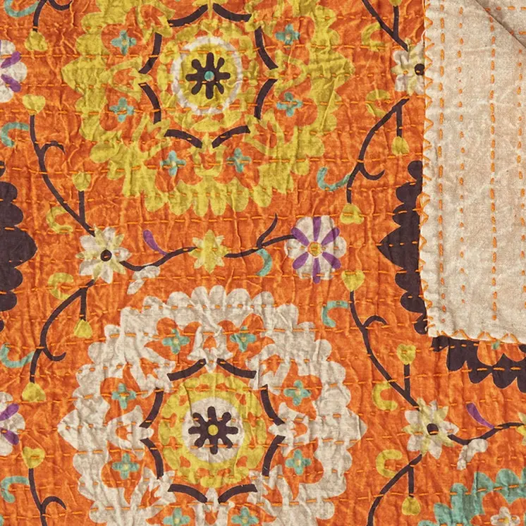 50" X 70" Orange And Yellow Floral Cotton Quilted Kantha Throw Blanket with Embroidery