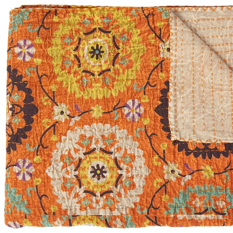 50" X 70" Orange And Yellow Floral Cotton Quilted Kantha Throw Blanket with Embroidery