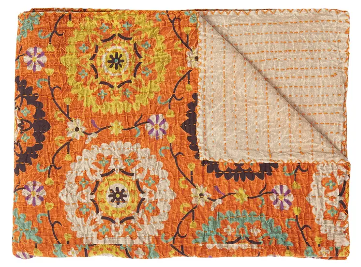 50" X 70" Orange And Yellow Floral Cotton Quilted Kantha Throw Blanket with Embroidery