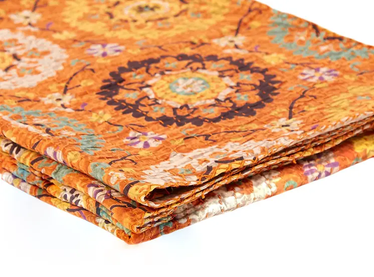 50" X 70" Orange And Yellow Floral Cotton Quilted Kantha Throw Blanket with Embroidery