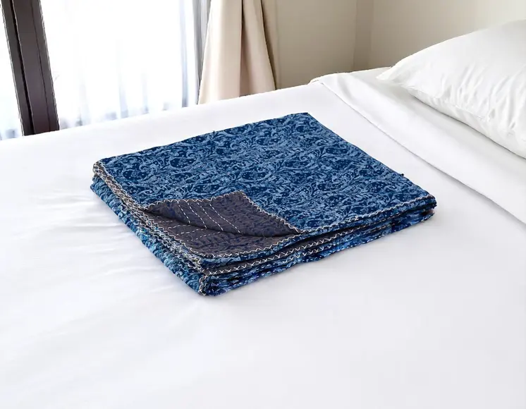 50" X 70" Blue Paisley Cotton Quilted Kantha Throw Blanket with Embroidery