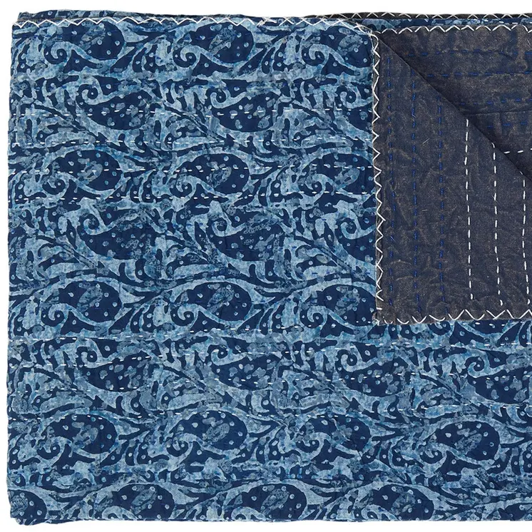 50" X 70" Blue Paisley Cotton Quilted Kantha Throw Blanket with Embroidery