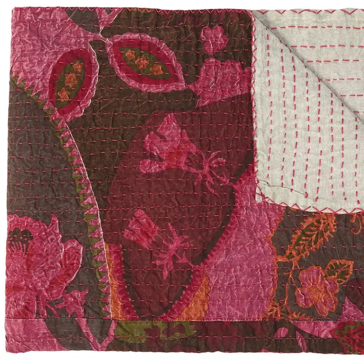 50" X 70" Pink And Red Floral Cotton Quilted Kantha Throw Blanket with Embroidery