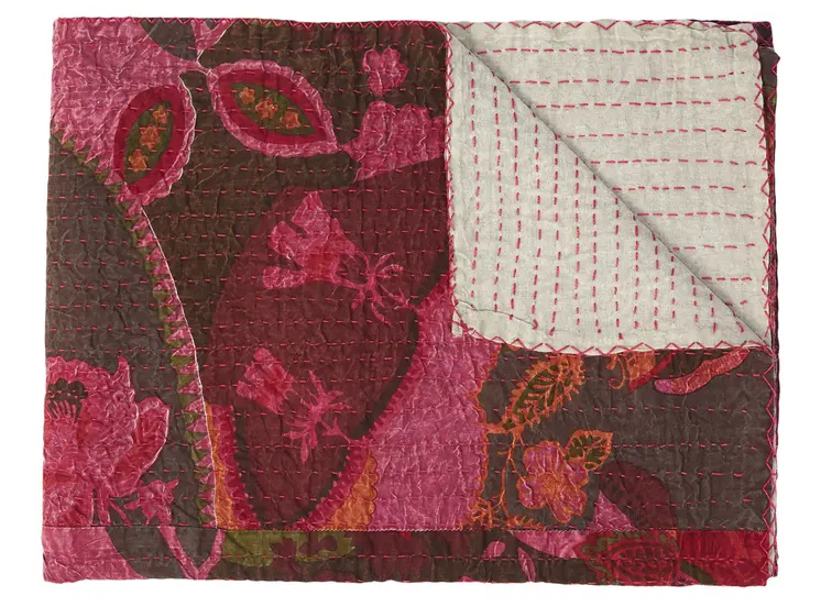50" X 70" Pink And Red Floral Cotton Quilted Kantha Throw Blanket with Embroidery