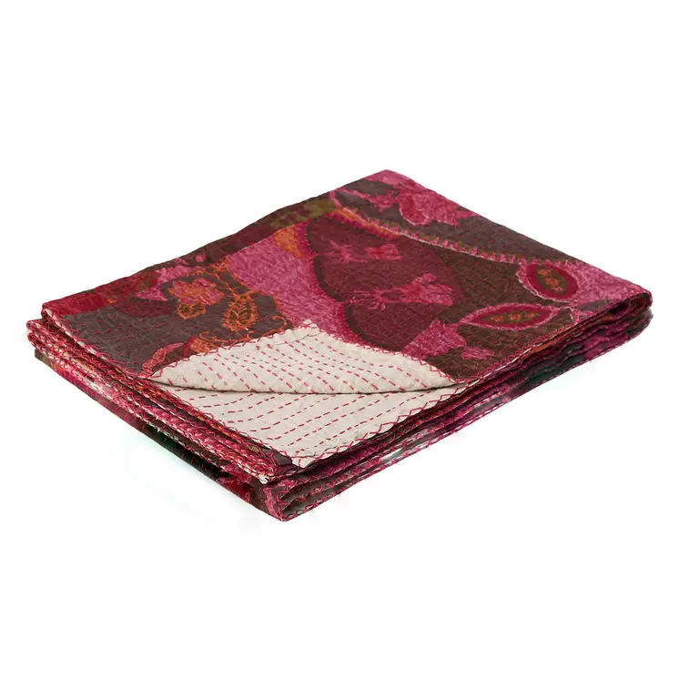 50" X 70" Pink And Red Floral Cotton Quilted Kantha Throw Blanket with Embroidery