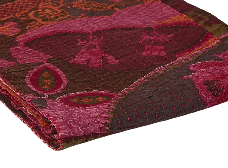 50" X 70" Pink And Red Floral Cotton Quilted Kantha Throw Blanket with Embroidery