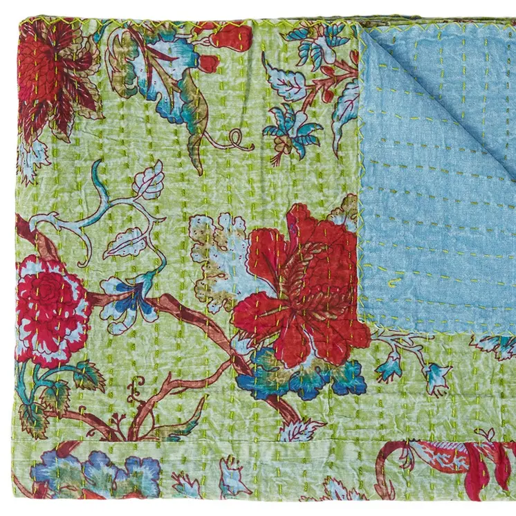 50" X 70" Green And Red Floral Cotton Quilted Kantha Throw Blanket with Embroidery