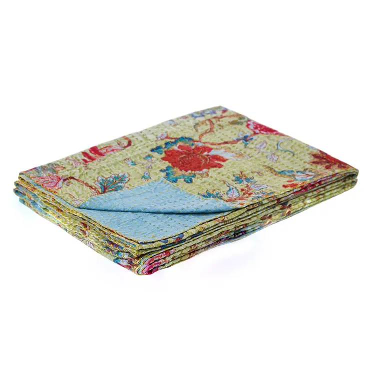 50" X 70" Green And Red Floral Cotton Quilted Kantha Throw Blanket with Embroidery