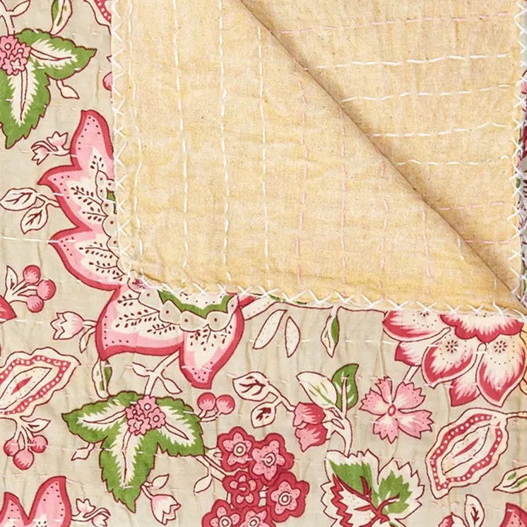 50" X 70" Beige And Pink Floral Cotton Quilted Kantha Throw Blanket with Embroidery