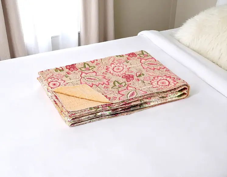 50" X 70" Beige And Pink Floral Cotton Quilted Kantha Throw Blanket with Embroidery