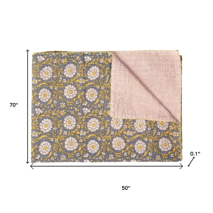 50" X 70" Gray And Yellow Floral Cotton Quilted Kantha Throw Blanket with Embroidery