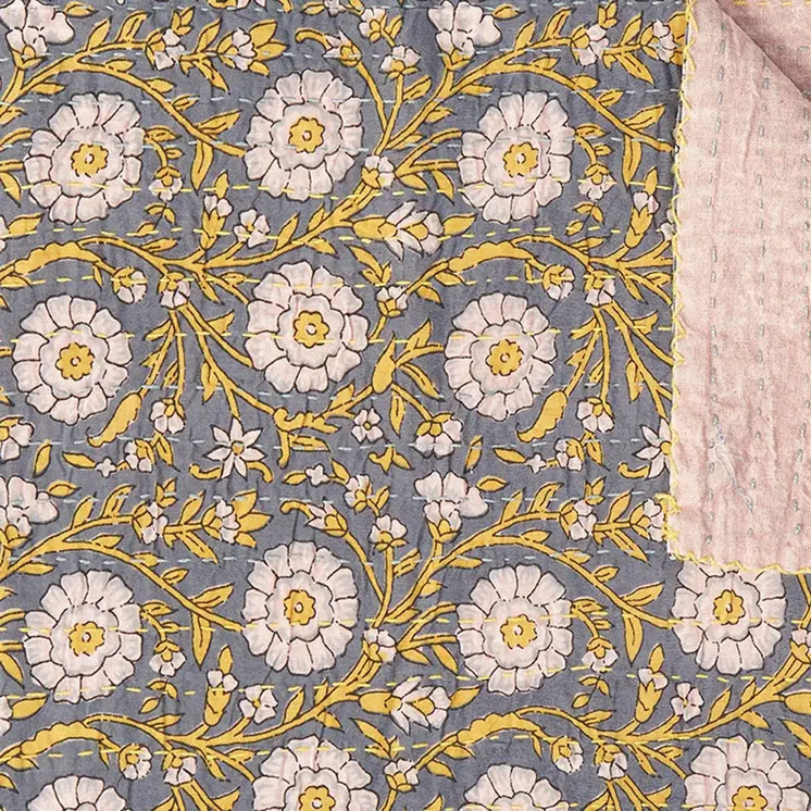 50" X 70" Gray And Yellow Floral Cotton Quilted Kantha Throw Blanket with Embroidery