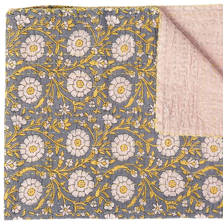 50" X 70" Gray And Yellow Floral Cotton Quilted Kantha Throw Blanket with Embroidery