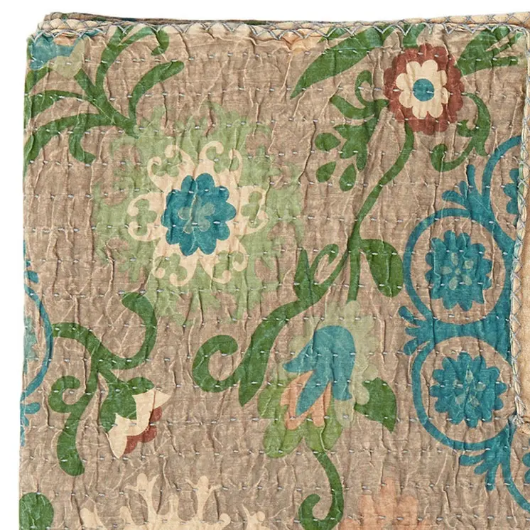 50" X 70" Red And Taupe Floral Cotton Quilted Kantha Throw Blanket with Embroidery