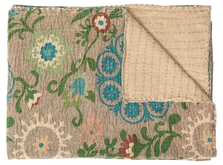 50" X 70" Red And Taupe Floral Cotton Quilted Kantha Throw Blanket with Embroidery