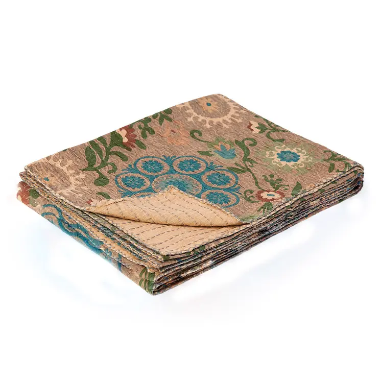 50" X 70" Red And Taupe Floral Cotton Quilted Kantha Throw Blanket with Embroidery